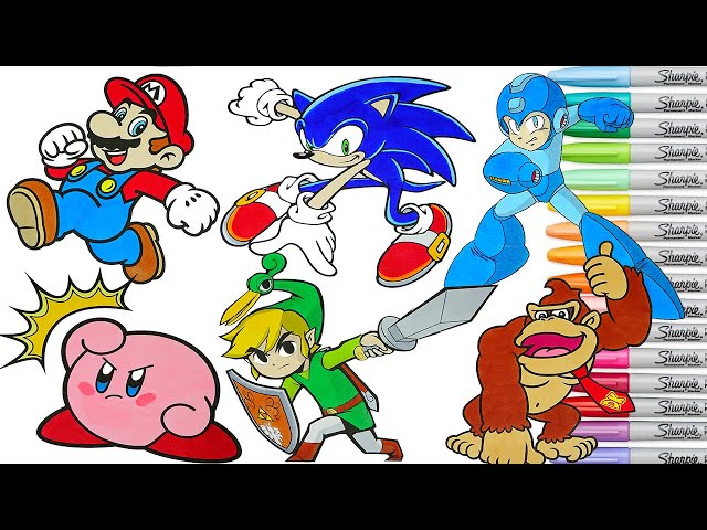 Super sash bros coloring book pages ario sonic toon link egaan donkey kong kirby rainbow splash