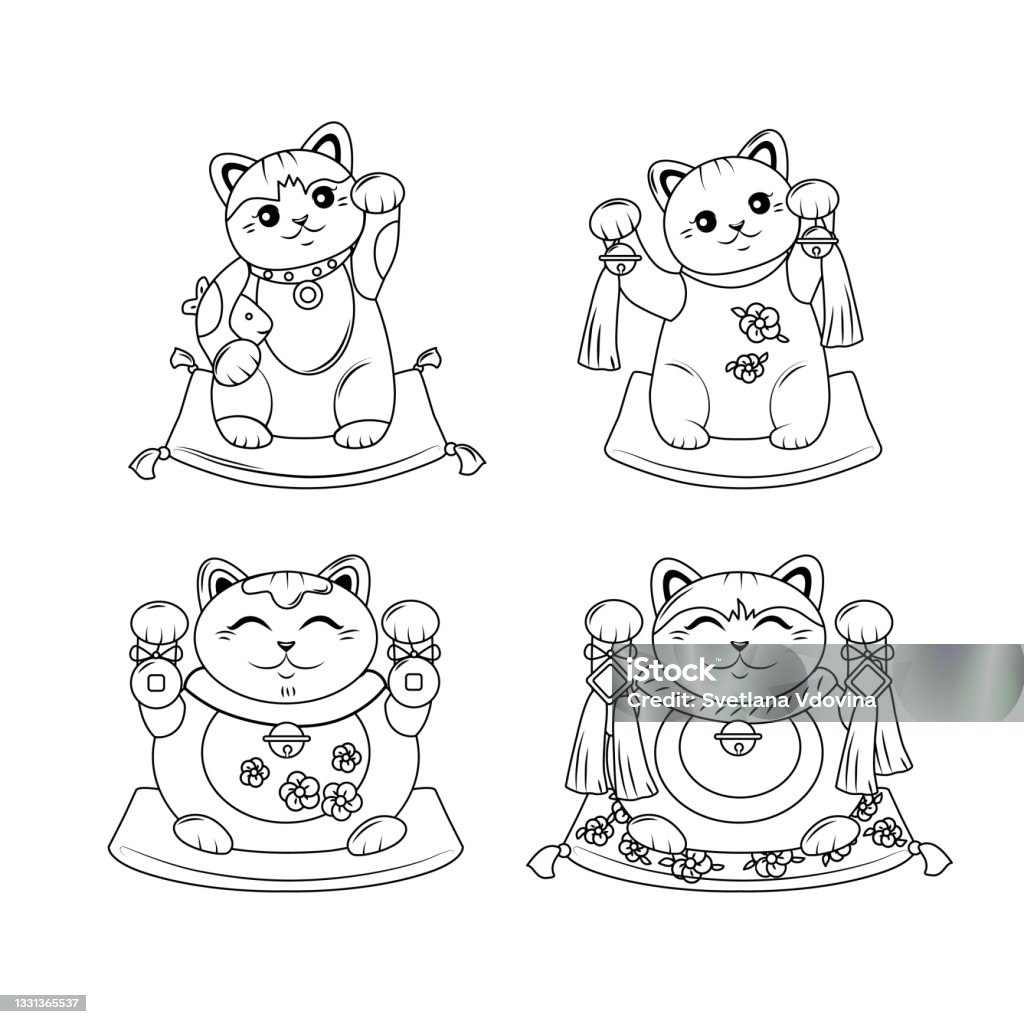 Vetores de gato japonãªs maneki neko definir contorno um sãmbolo de boa sorte e prosperidade ilustraãão vetorial e mais imagens de acenar