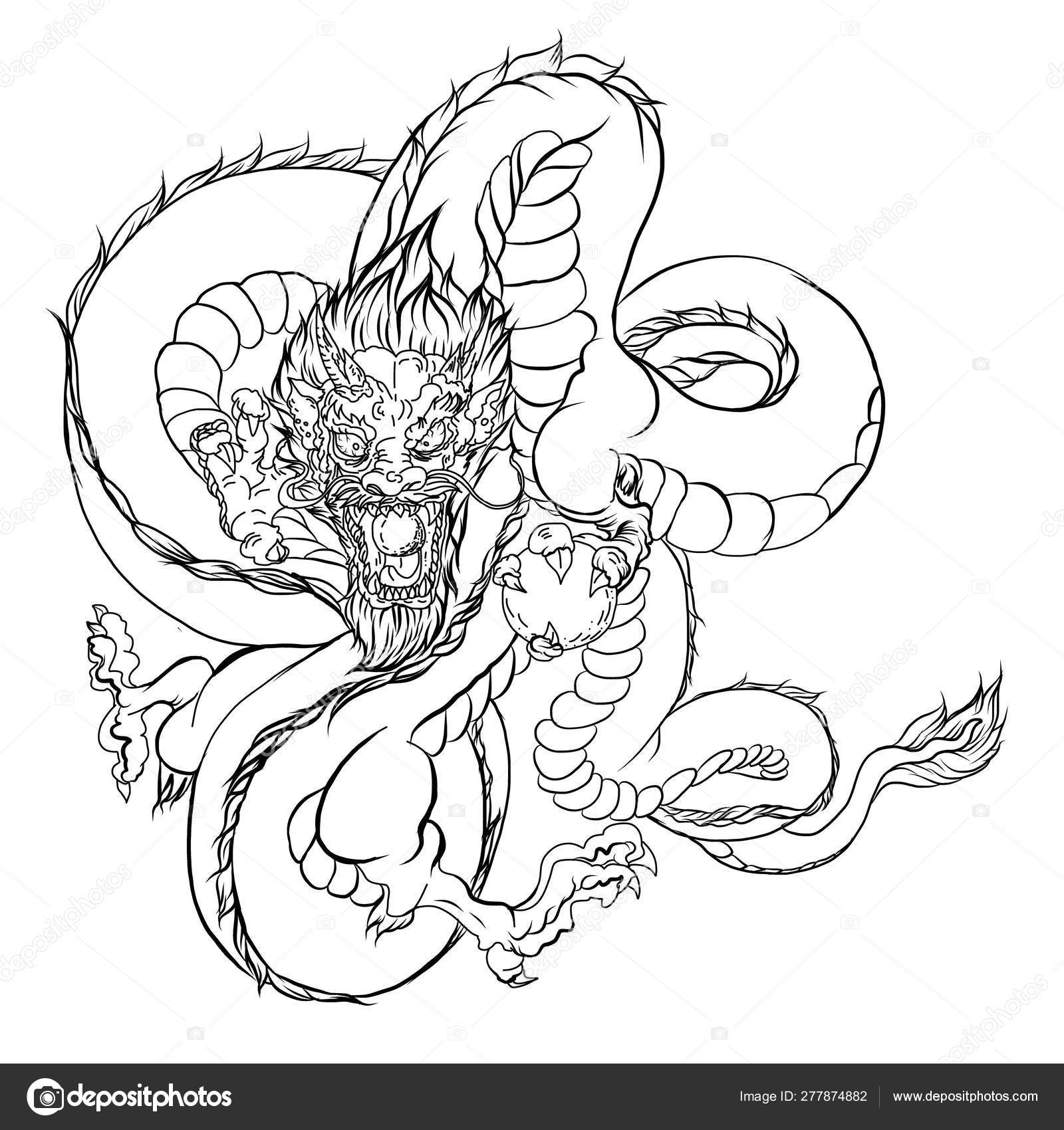 Dragão desenhado mão tatuagem dragão chinãªs preto branco tradicional japonãªs imagem vetorial de nipatsara