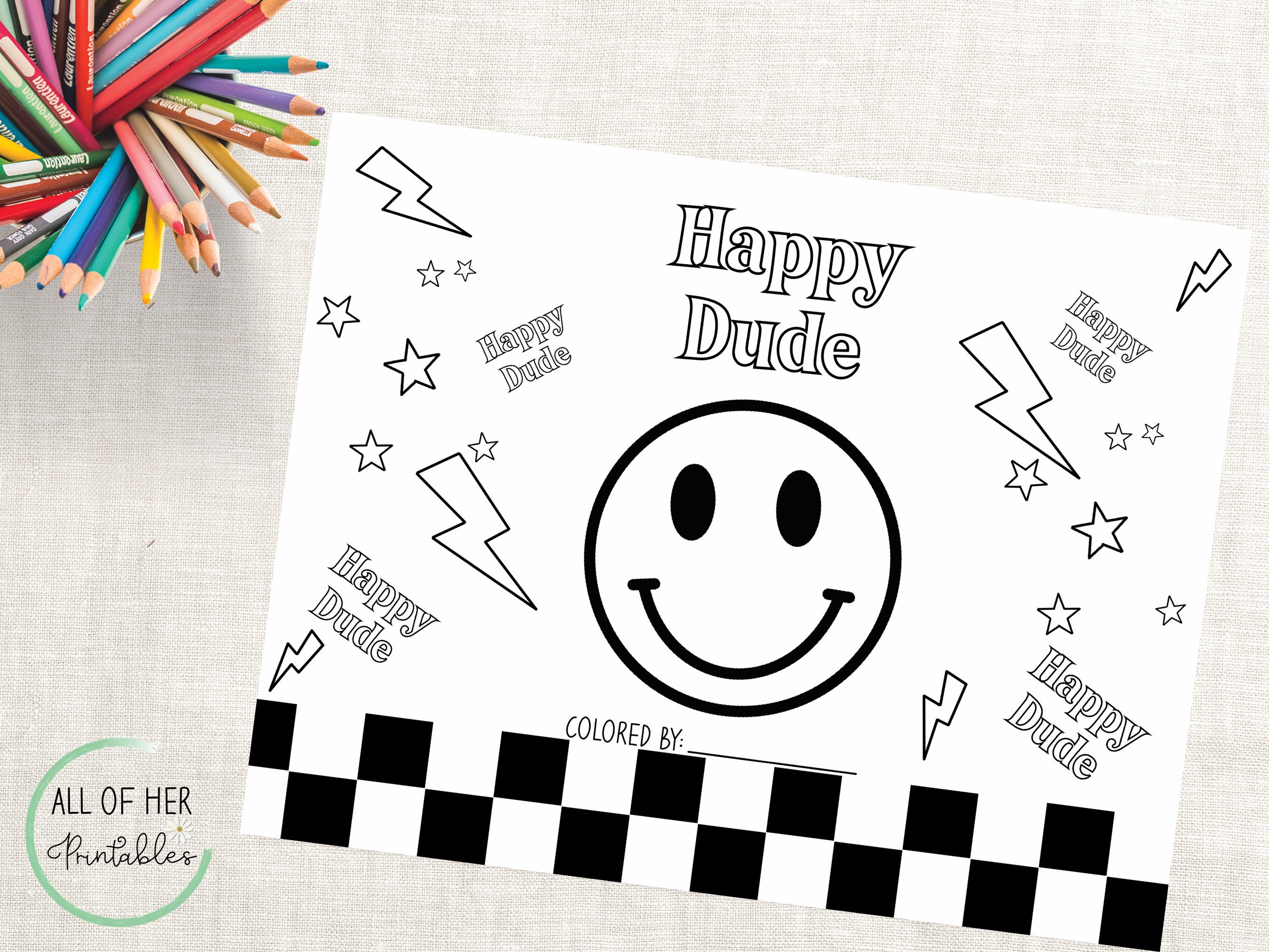 One happy dude coloring sheet digital smiley face x coloring page kids entertainment birthday game party favor