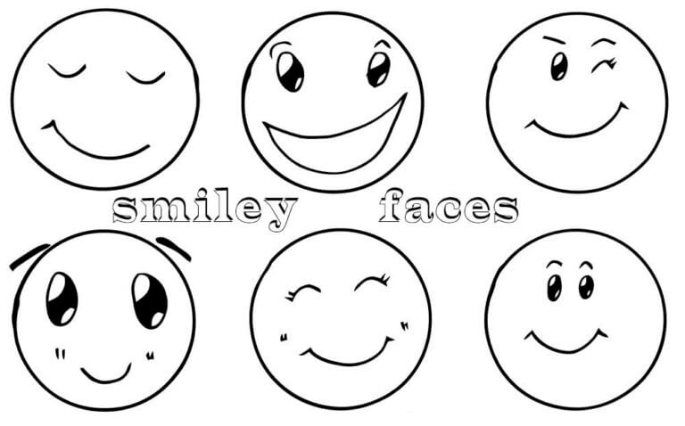 Six smiling faces coloring page