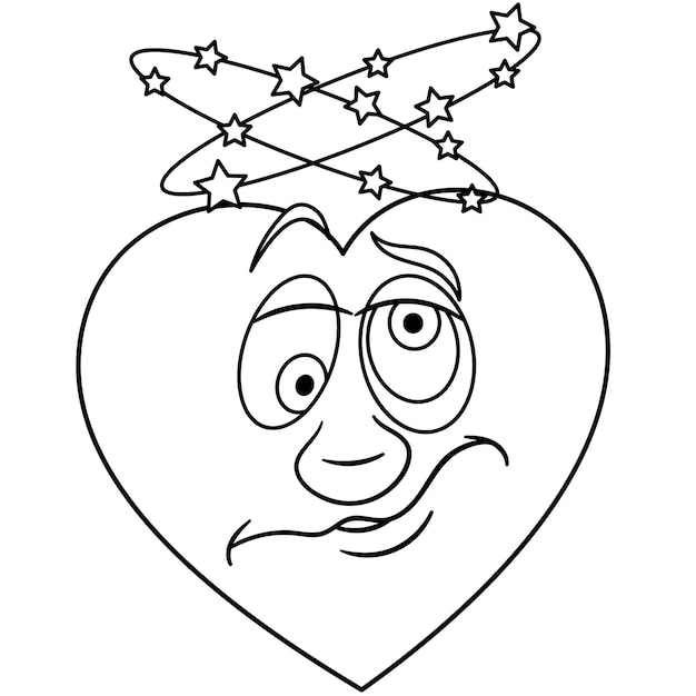 Premium vector cute cartoon heart with dizzy headache emoji face kids coloring page