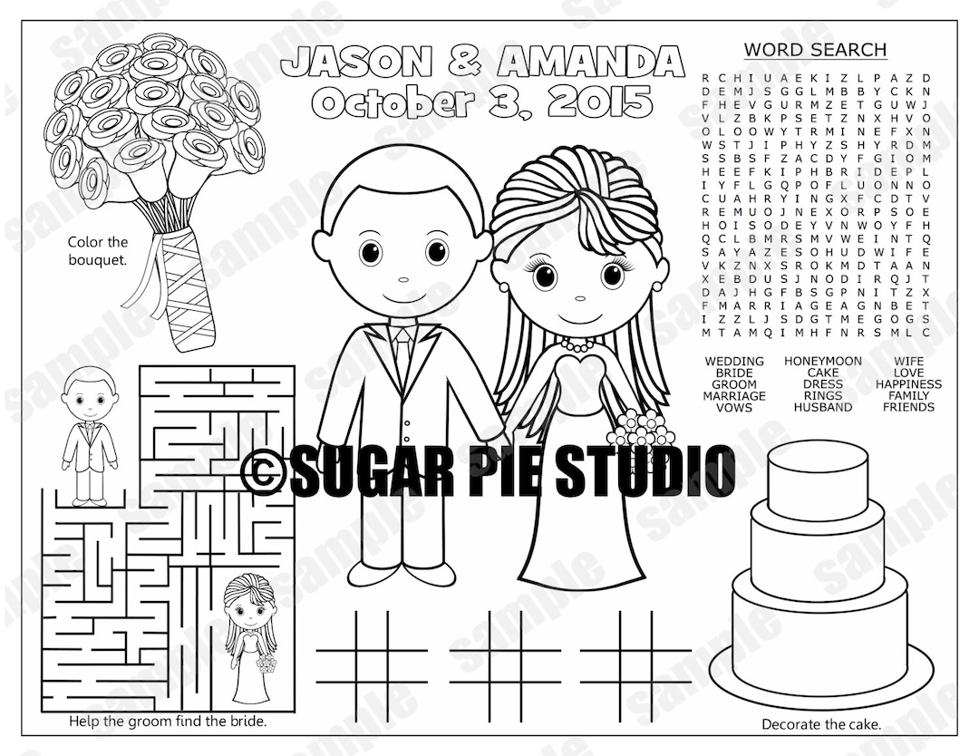 Wedding favor childrens kids coloring page activity personalized printable pdf or jpeg file