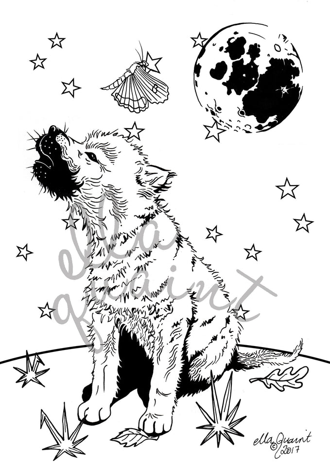 Wolfcub and moon a free colouring coloring page instant download