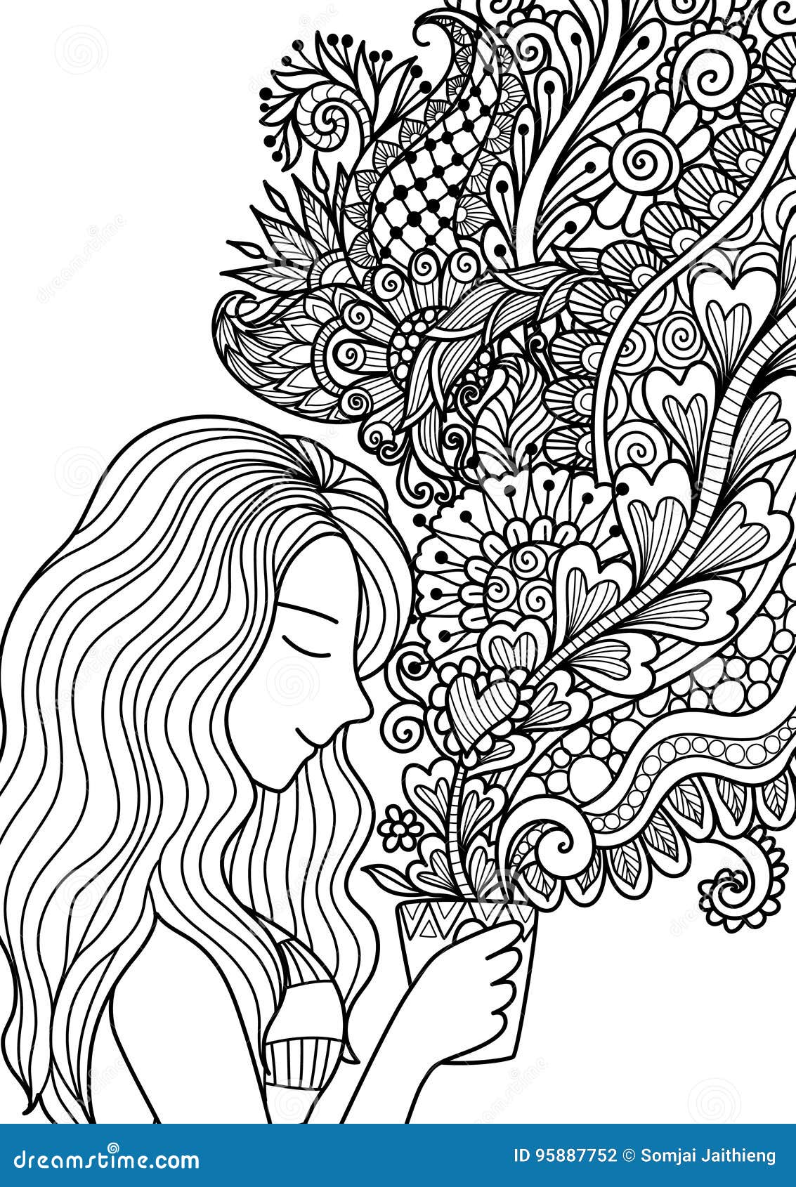 Pretty girl smell the floral coffee smoke for design element and adult or kids coloring book pages vector illustration stock vector