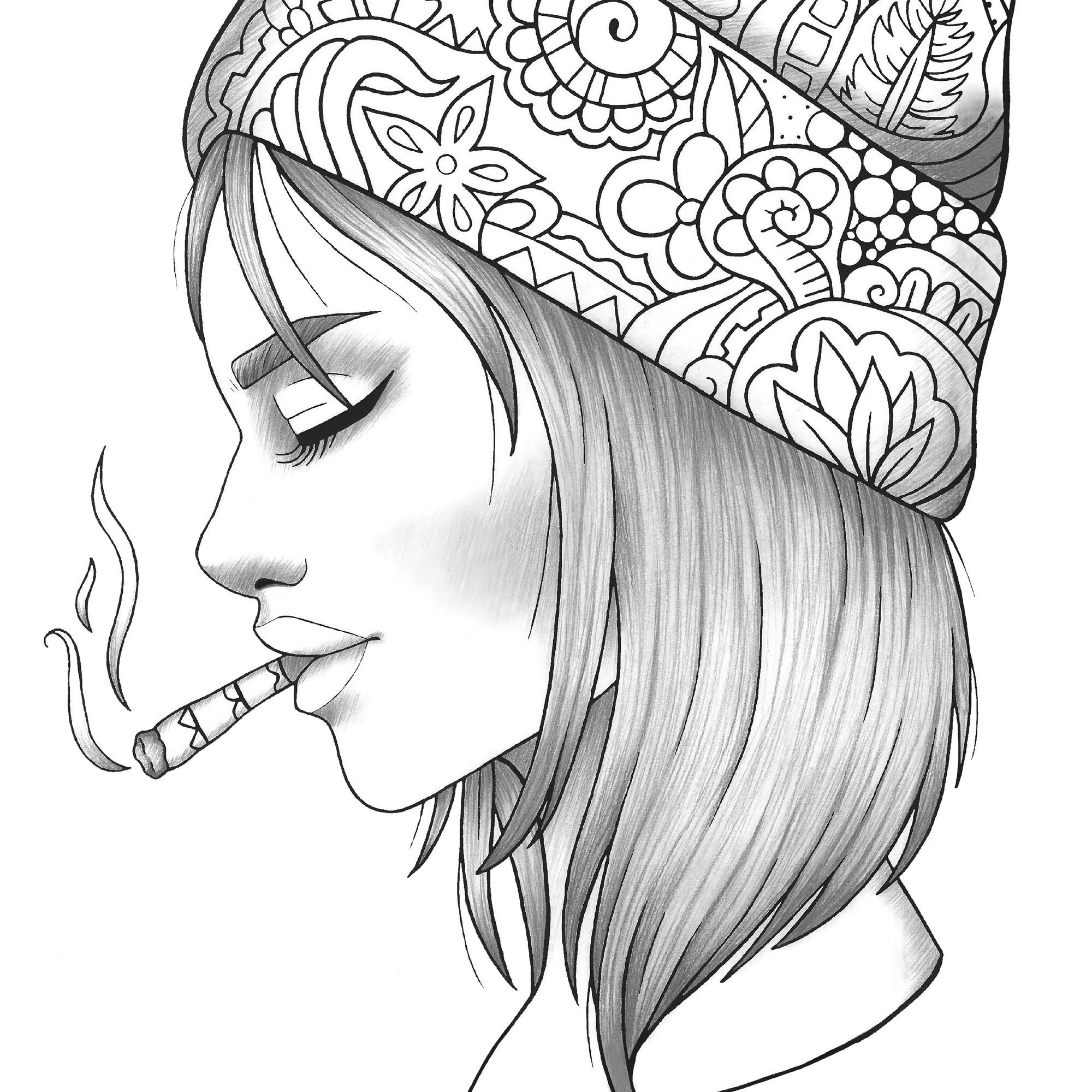 Adult coloring page girl portrait with knitted cap colouring sheet cigarette pdf printable anti