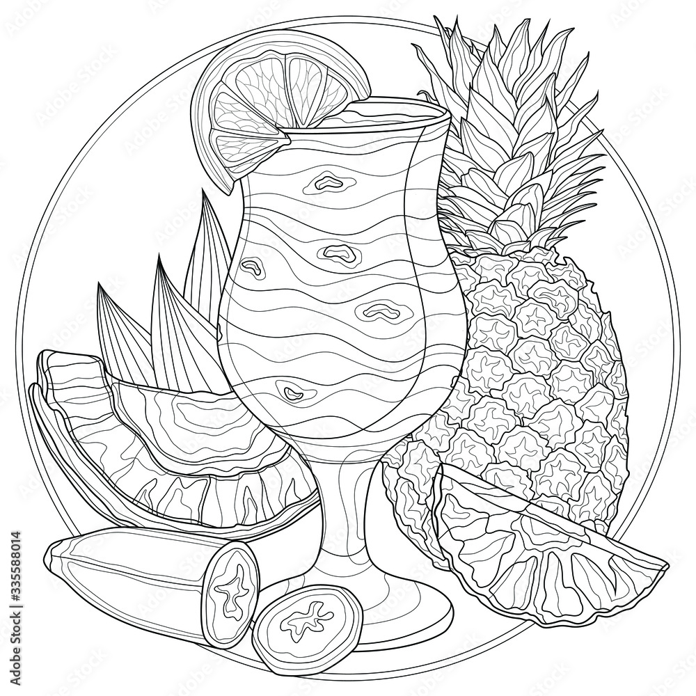 Exotic smoothie with fruits pineapple coconut banana and orange delicious cocktailcoloring book antistress for children and adults illustration isolated on white backgroundzen