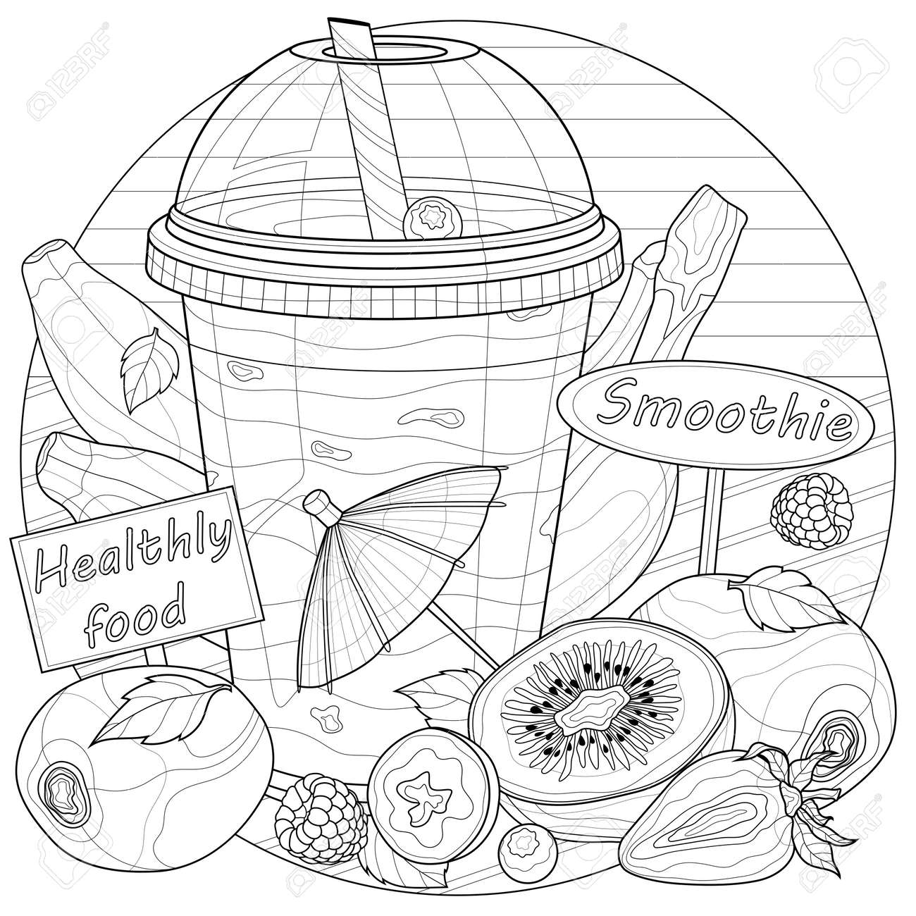 Fruit smoothiecoloring book antistress for children and adults illustration isolated on white backgroundzen