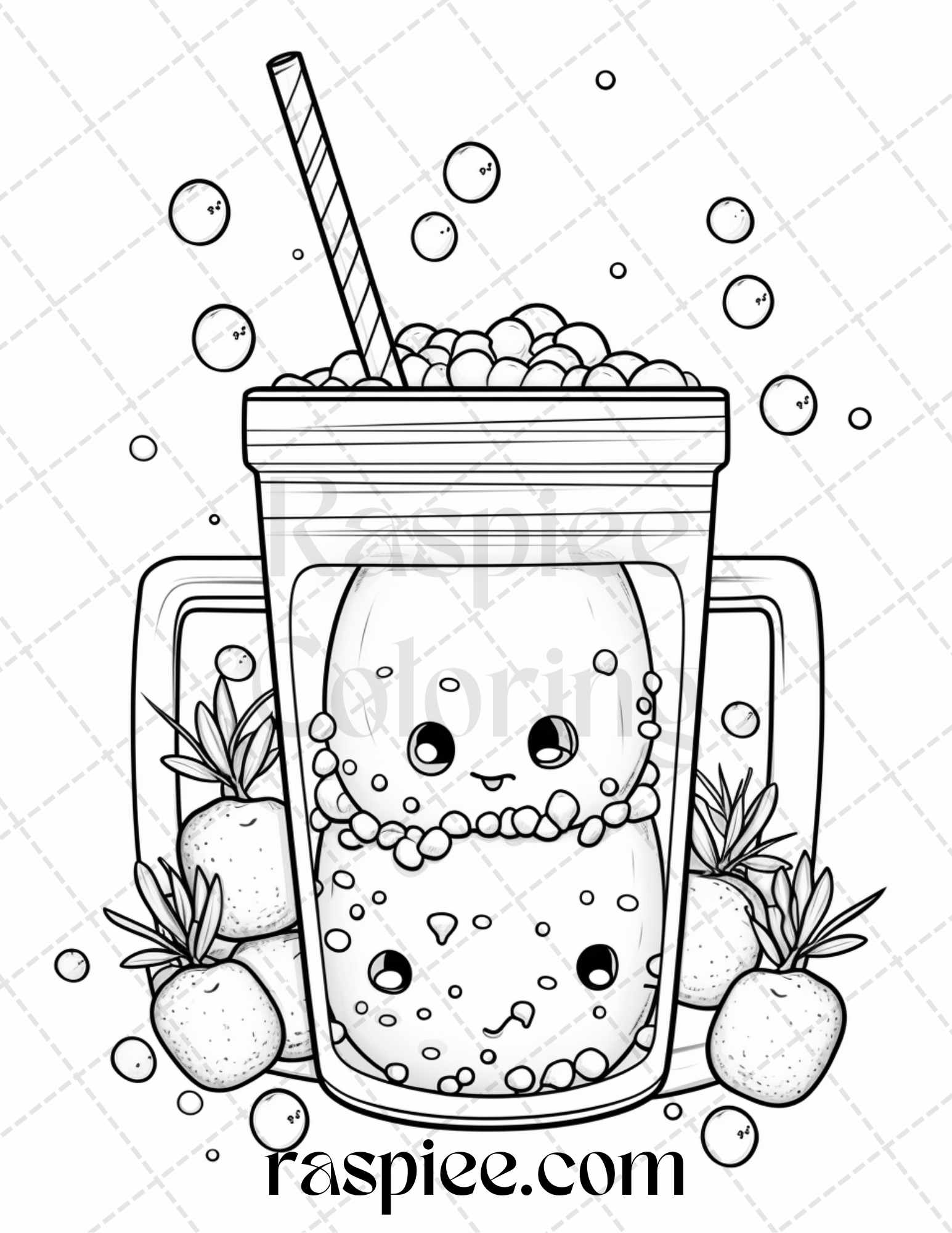 Cute kawaii boba tea grayscale coloring pages for adults and kids â coloring