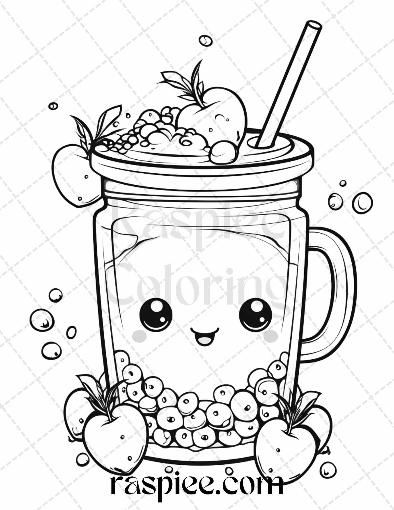 Cute kawaii boba tea grayscale coloring pages for adults and kids â coloring