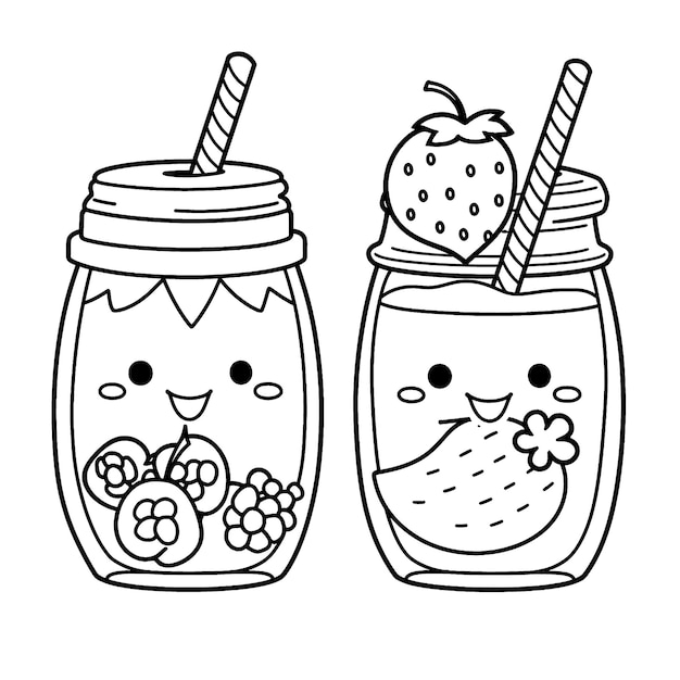 Premium vector cute fruit juice black and white coloring page for kids and adults line art simple cartoon style happy cute and funny