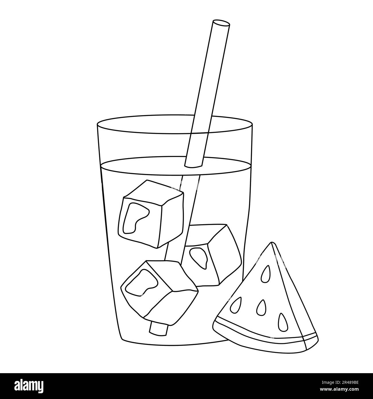 Watermelon juice or smoothie with ice in glass with straw doodle style flat vector outline illustration for kids coloring book stock vector image art