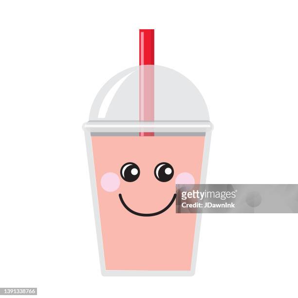 Happy emoji kawaii face on bubble or boba tea green apple flavor full color icon on white background high