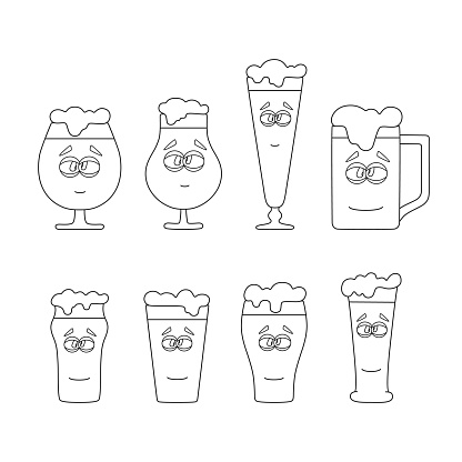 Set of outline beer emoji glasses and mug with foam icon vector isolated stock illustration