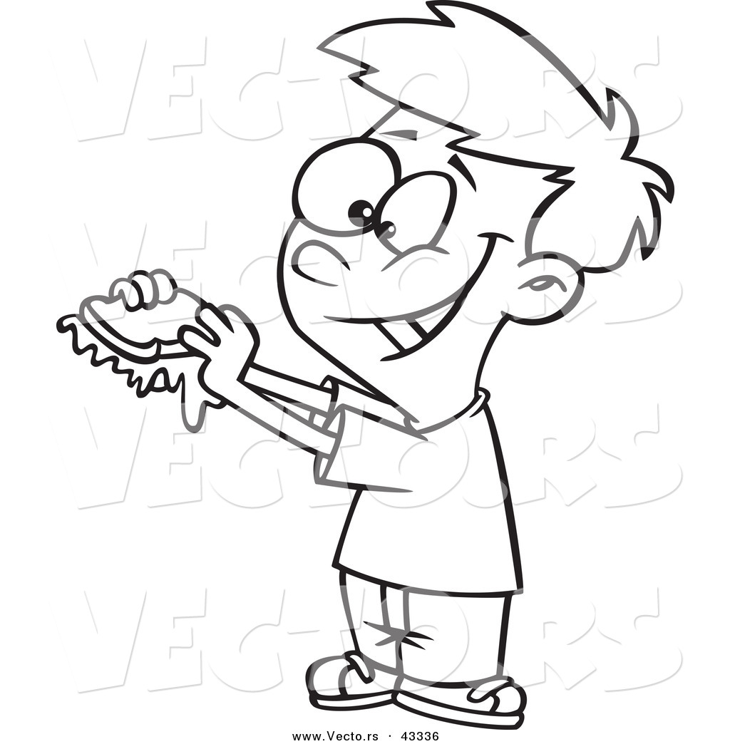 R of a happy cartoon boy eating a messy jam sandwich