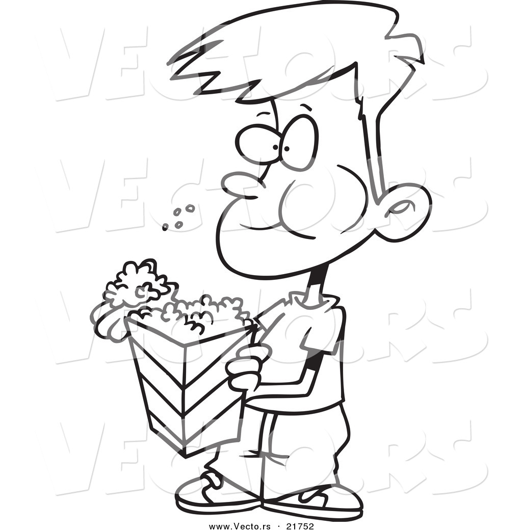 R of a cartoon boy eating popcorn