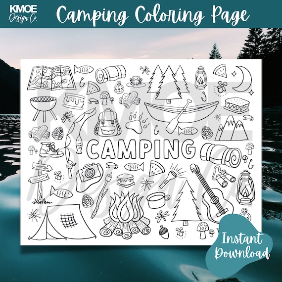 Camping summer coloring pages for kids printable coloring pages doodle coloring book summer kids activity smores fishing summer camp fish