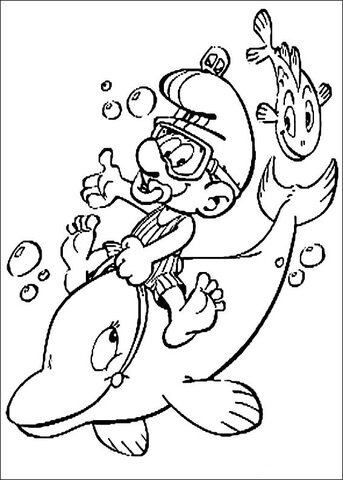 Smurf is riding a dolphin coloring page free printable coloring pages