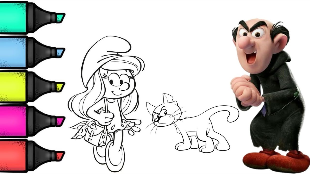 Smurfette gargamel and azrael coloring smurfs coloring page coloring videos for kids coloring