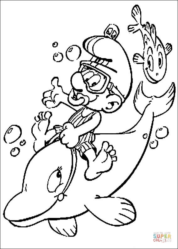 Smurf is riding a dolphin coloring page free printable coloring pages