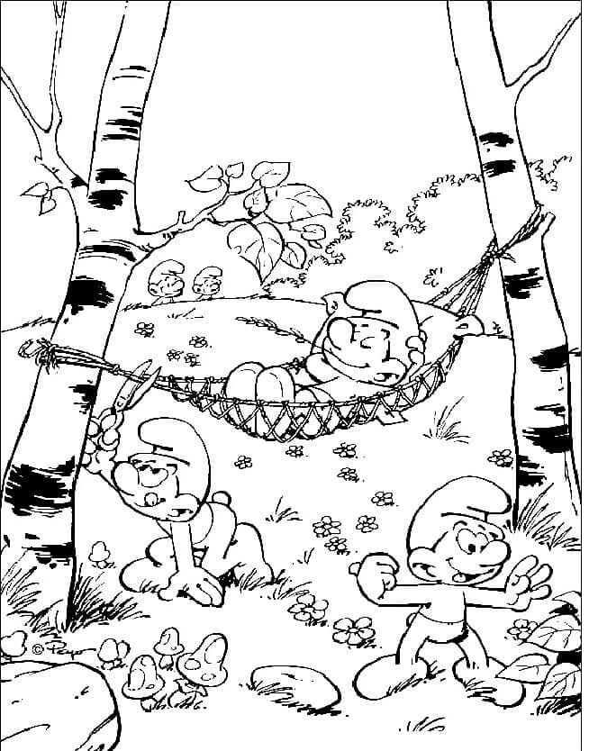 Smurfs in the birch forest coloring page