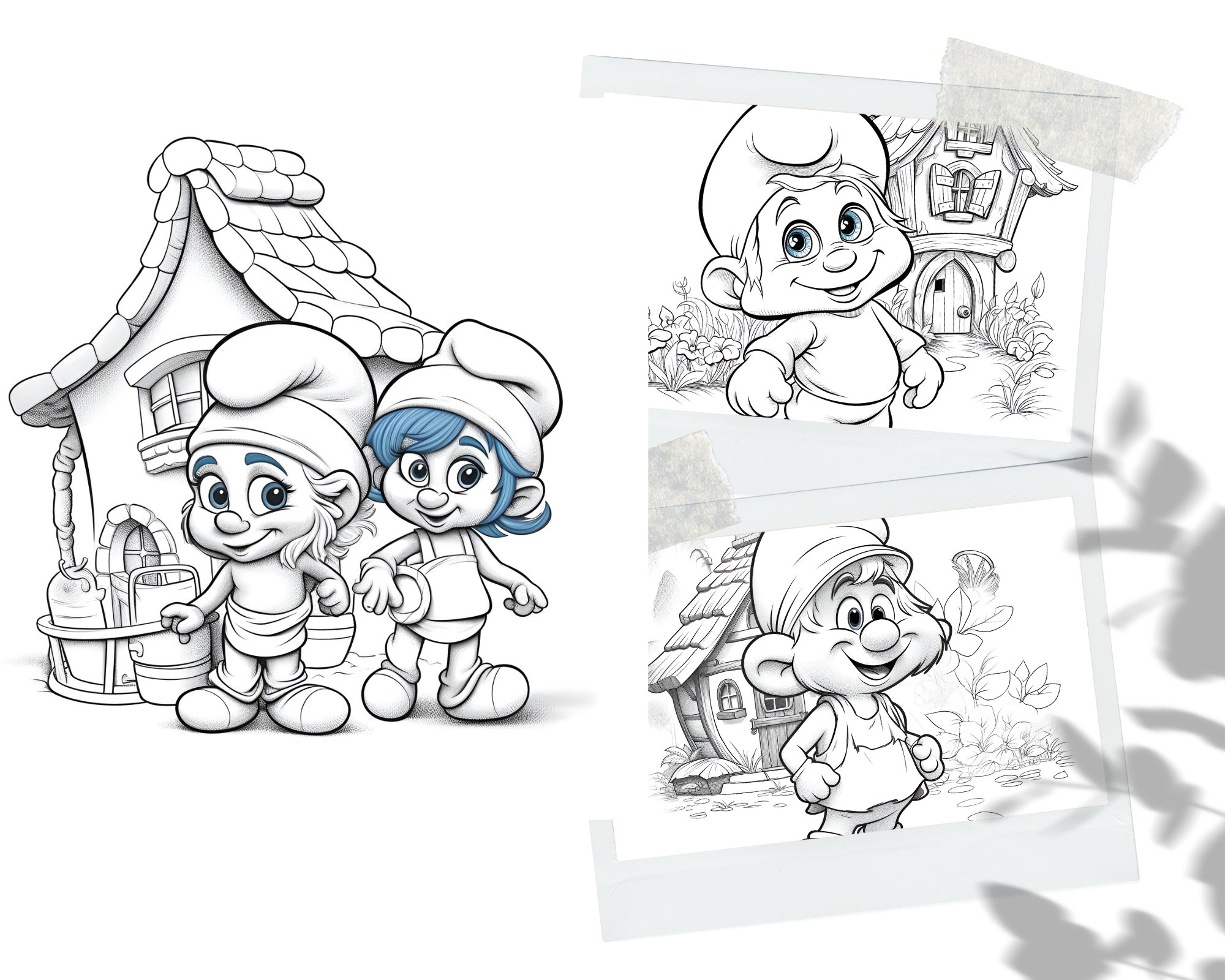 Cute smurfs coloring book adults kids coloring pages instant download grayscale coloring book printable pdf file