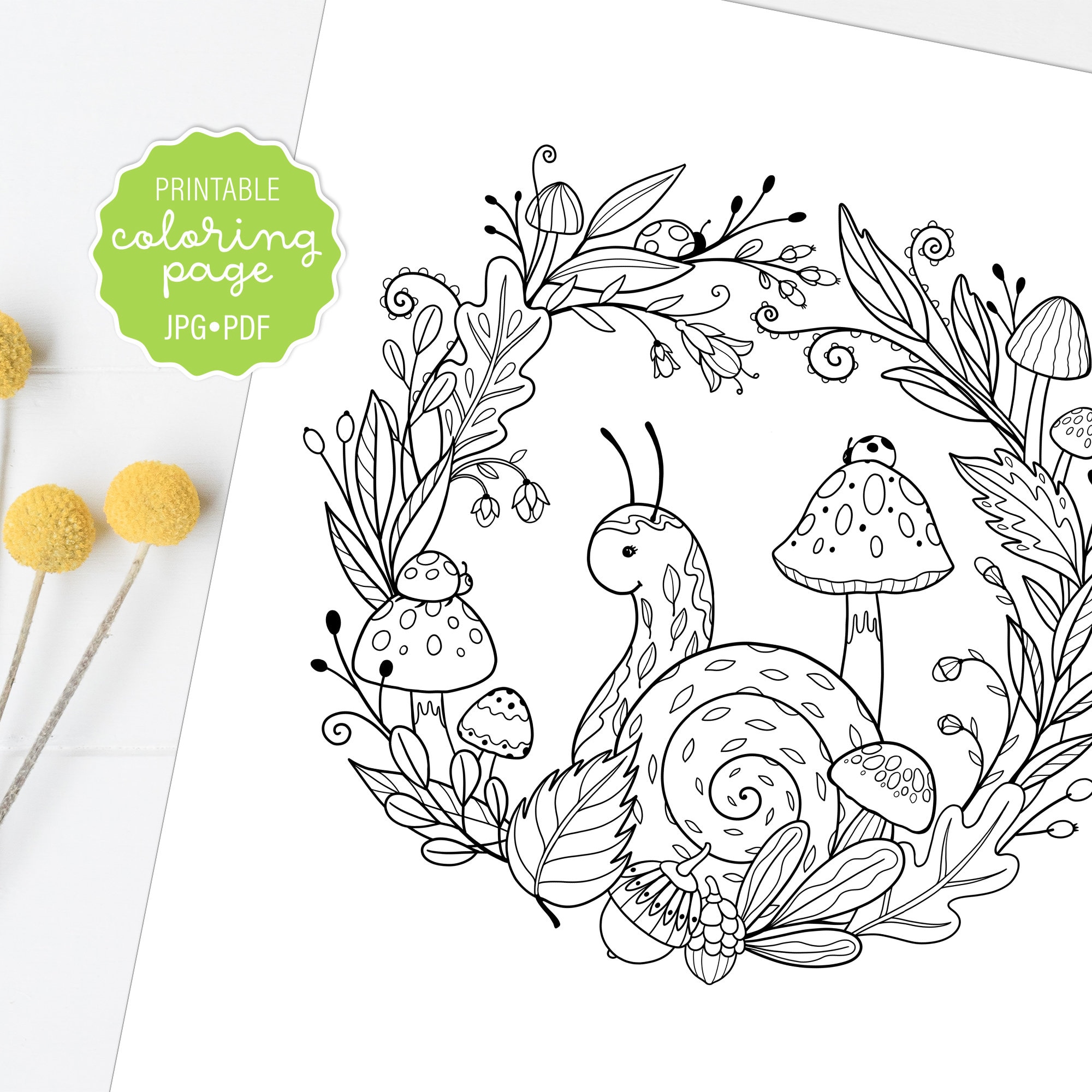 Fall woodland wreath coloring page cute snail whimsical ladybug and mushroom coloring sheet adult coloring printable or digital download now