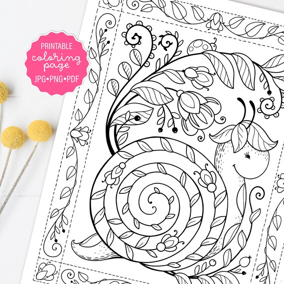 Cute snail coloring page forest snail coloring sheet whimsical snail art woodland snail adult coloring printable or digital