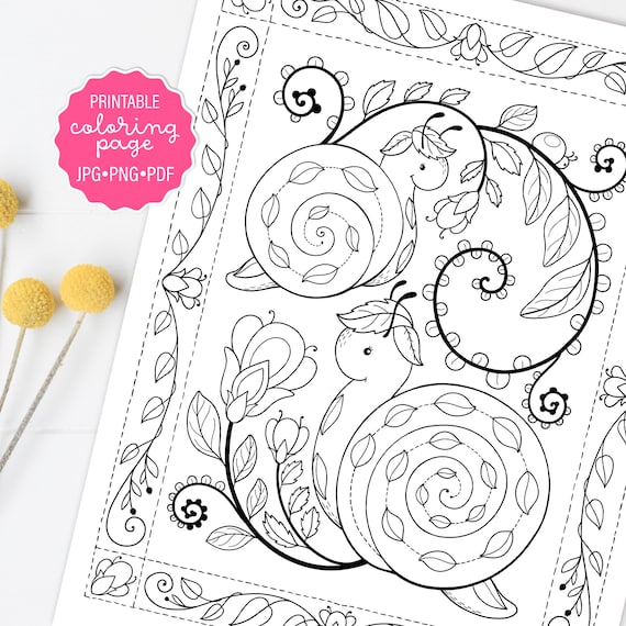 Cute snails coloring page forest snail coloring sheet whimsical snails art woodland snail adult coloring printable or digital