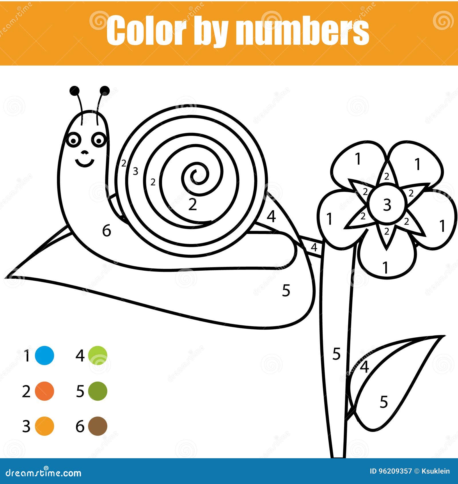 Coloring page with snail character color by numbers educational children game drawing kids activity stock vector