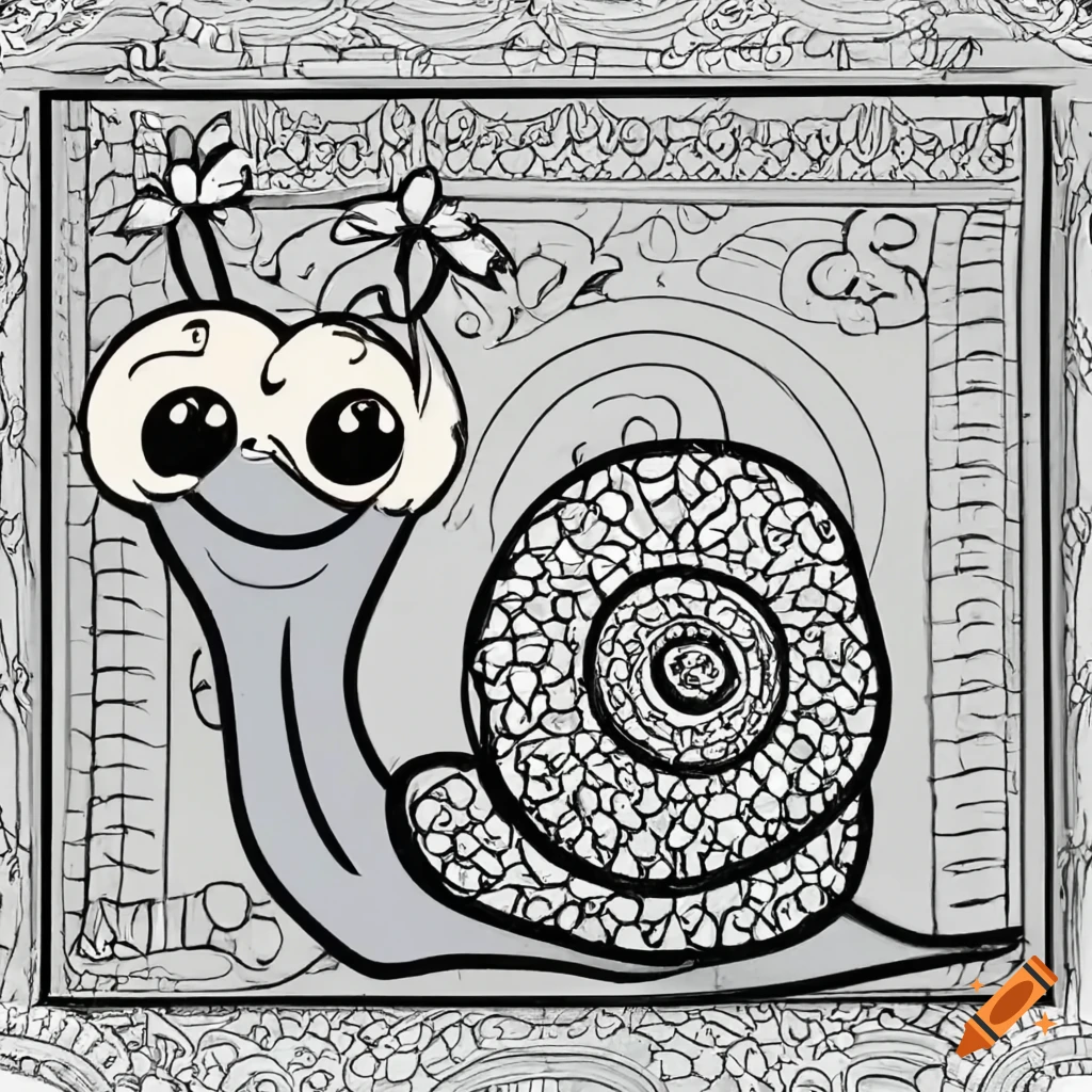 Coloring sheet of a smiling snail and flowers on