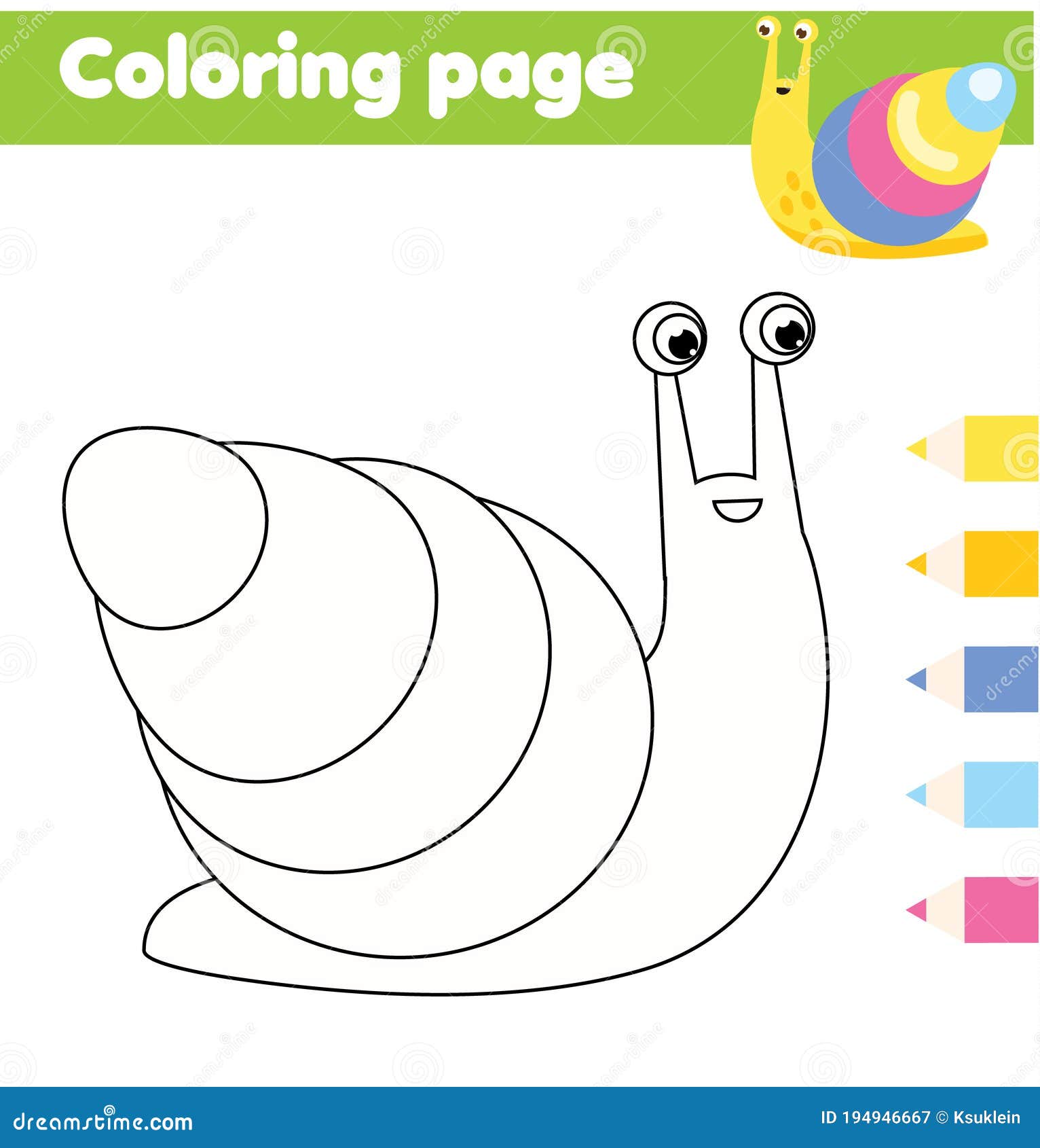 Coloring page with cartoon snail drawing kids activity printable fun for toddlers and children stock vector