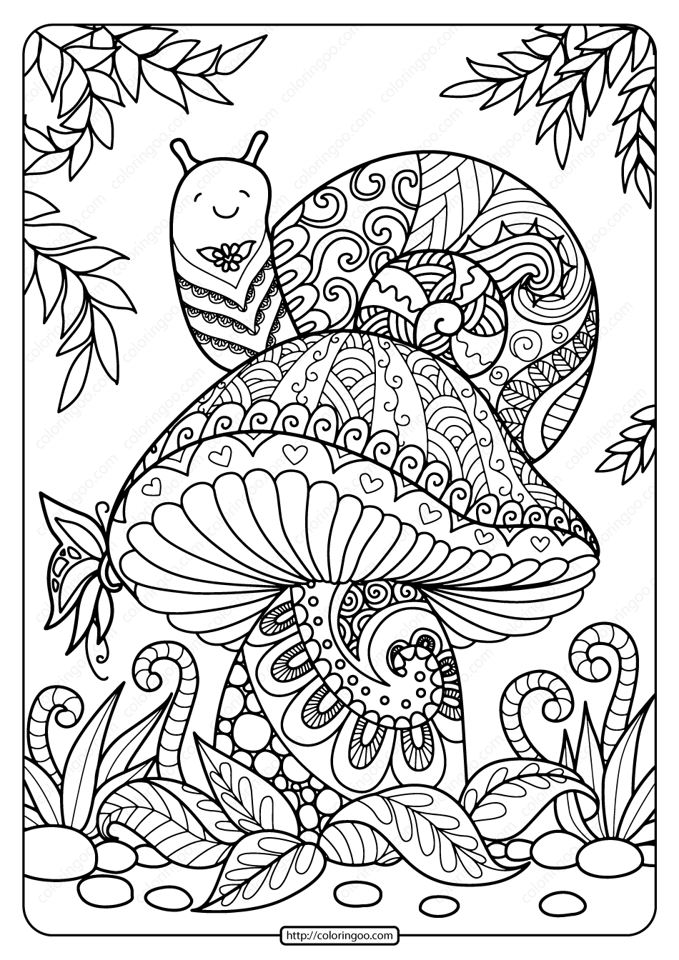 Printable snail on a mushroom coloring page