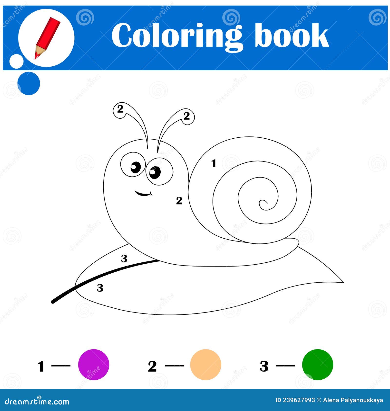 Coloring page with snail color by numbers educational children game drawing kids activity stock vector