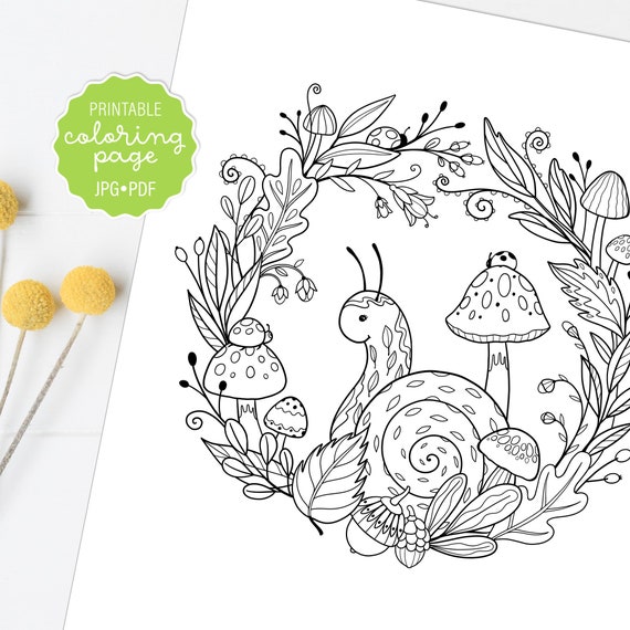 Fall woodland wreath coloring page cute snail whimsical ladybug and mushroom coloring sheet adult coloring printable or digital