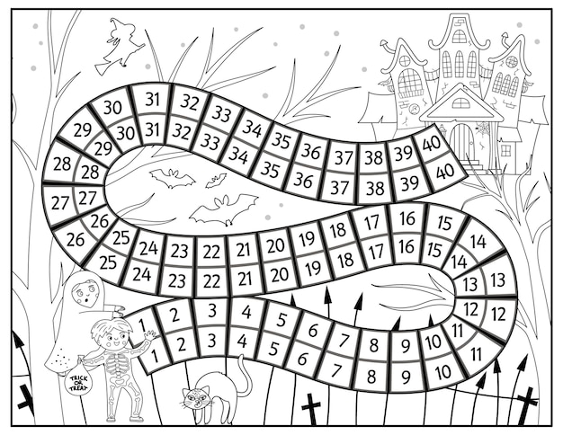 Premium vector halloween black and white board game for children with spooky castle and cute children educational boardgame with haunted house scary printable coloring page