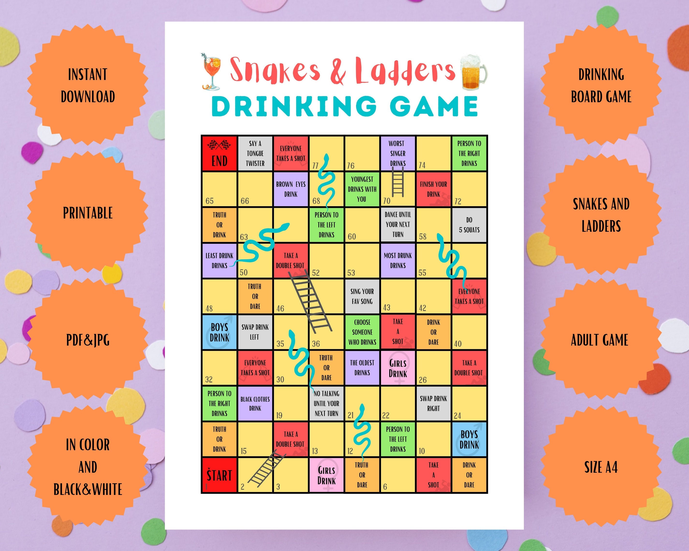 Board drinking game snakes and ladders chutes and ladders adult game printable instant download pdf jpg a party game download now