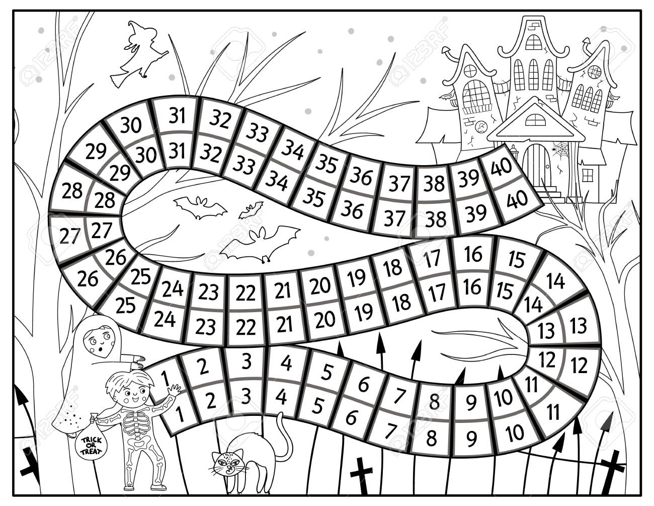 Halloween black and white board game for children with spooky castle and cute children educational boardgame with haunted house scary printable coloring page royalty free svg cliparts vectors and stock illustration image