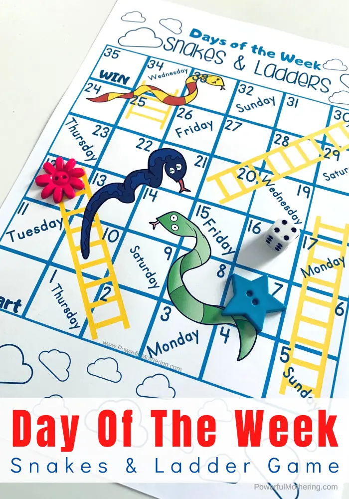 Snakes and ladders a printable days of the week board game