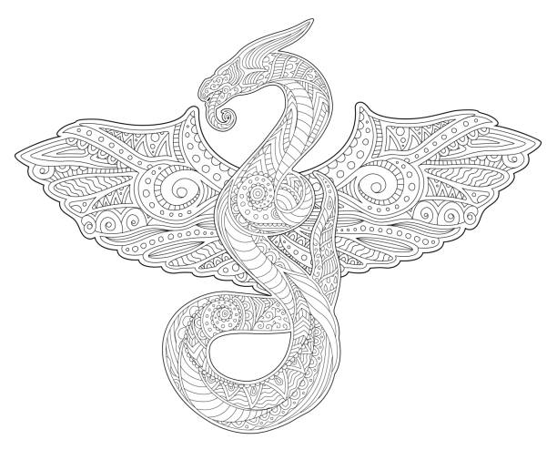 Adult coloring book art with snake and wings stock illustration