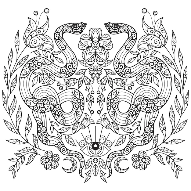 Premium vector snake and flowers hand drawn for adult coloring book