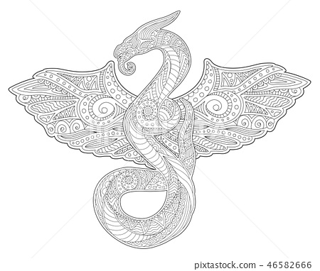 Adult coloring book art with snake and wings