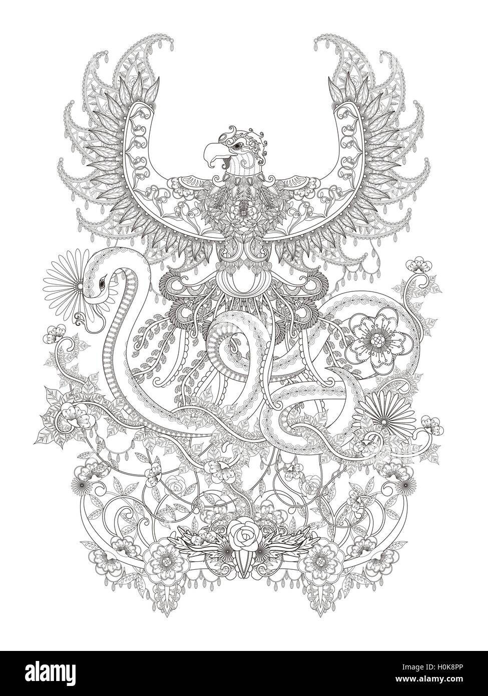 Gorgeous adult coloring page eagle spread its wings with snake hiss decorative floral elements around them stock vector image art