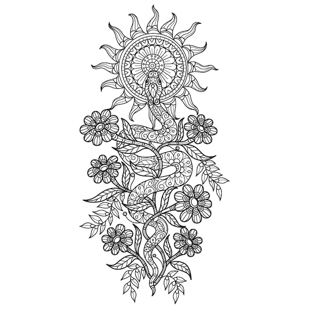 Premium vector snake and sun hand drawn for adult coloring book