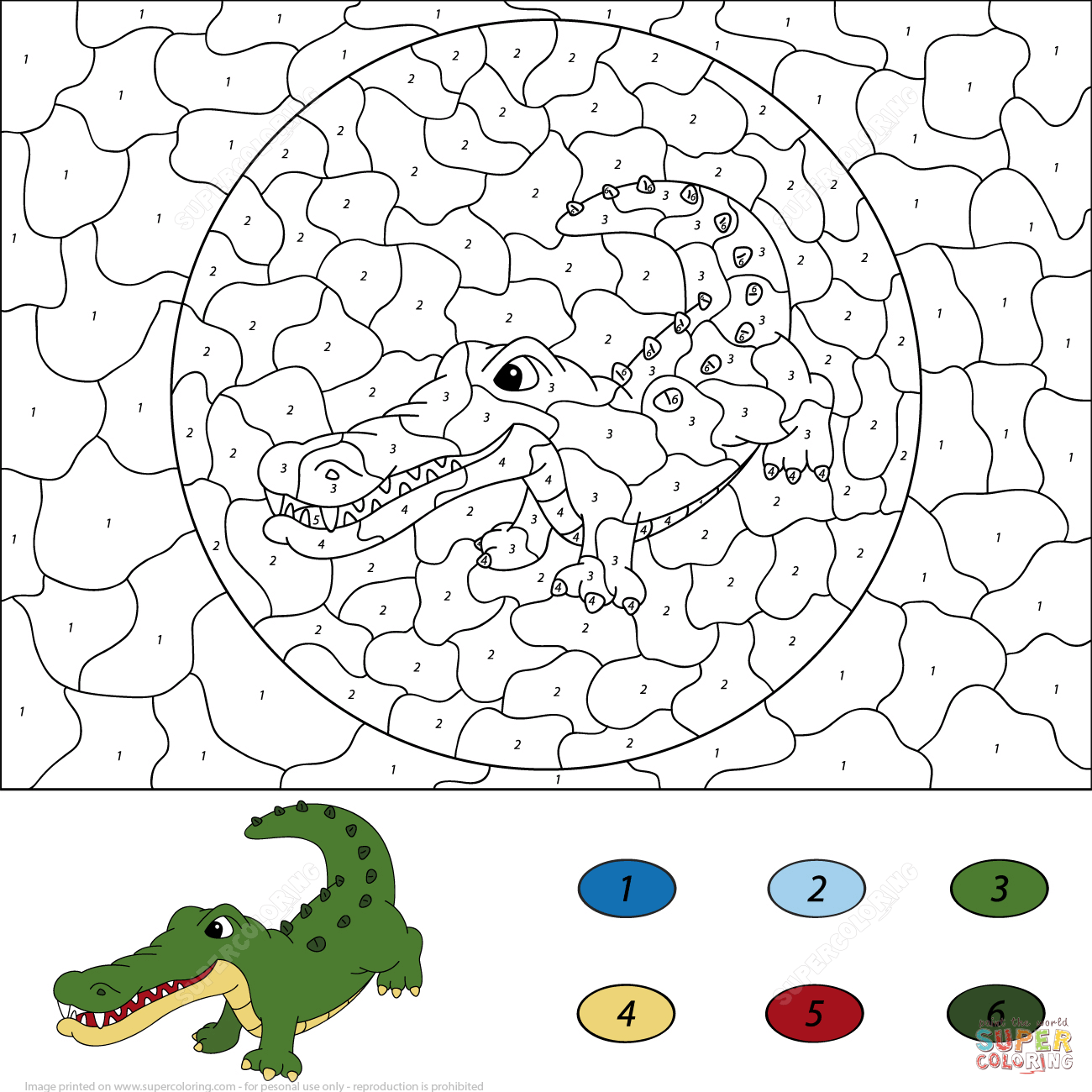 Crocodile color by number free printable coloring pages