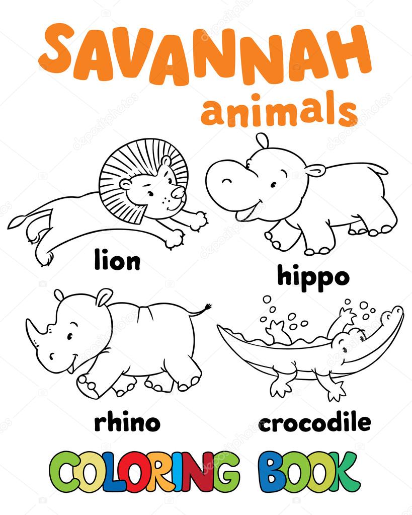 Set of funny savannah animals coloring book stock vector by passengerz