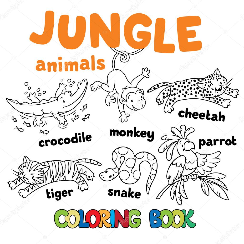 Set of funny jungle animals coloring book stock vector by passengerz