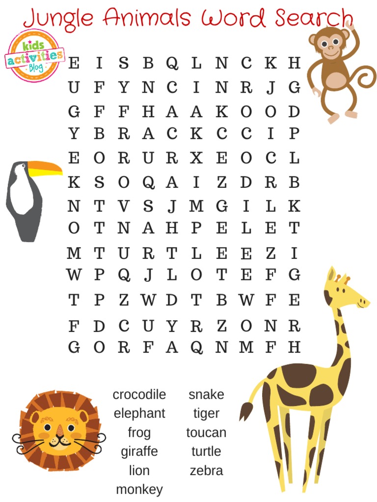 Jungle animals word search printable pdf