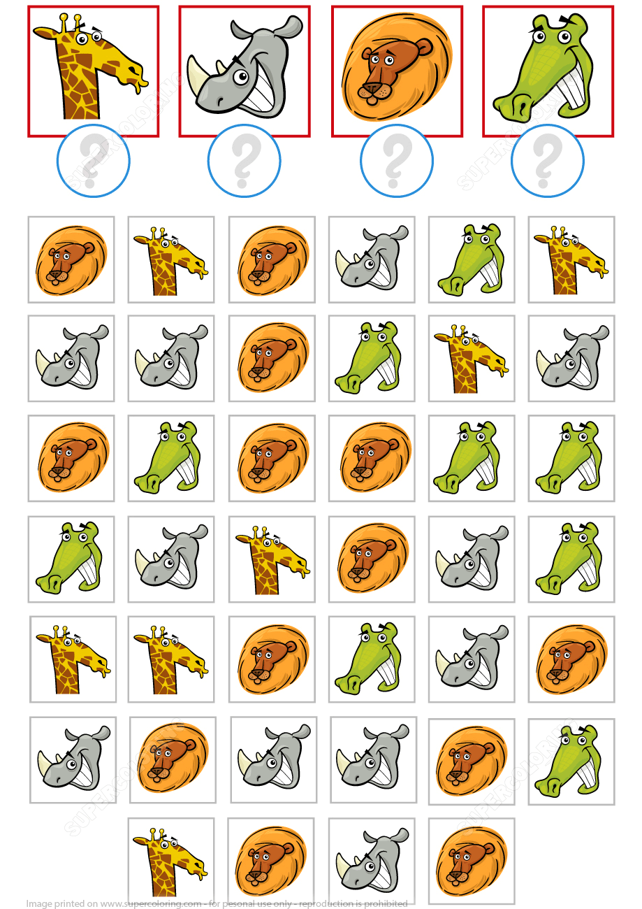 Count giraffes rhinos lions and crocodiles puzzle worksheet free printable puzzle games