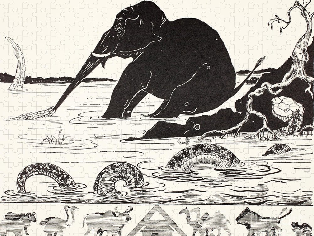 The elephants child having his nose pulled by the crocodile jigsaw puzzle by joseph rudyard kipling